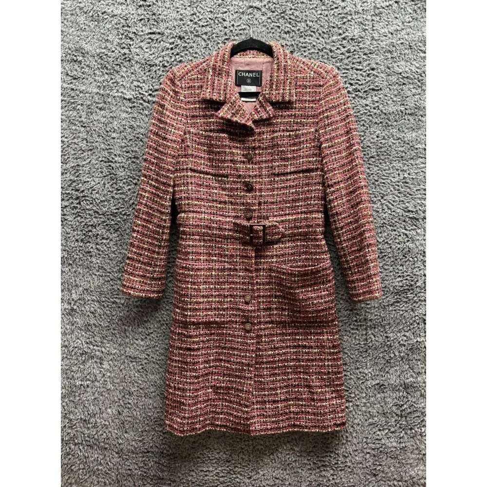 Vintage Chanel 2001 Belted Tweed Midi Coat in Red & Black‎ Size 36 01A